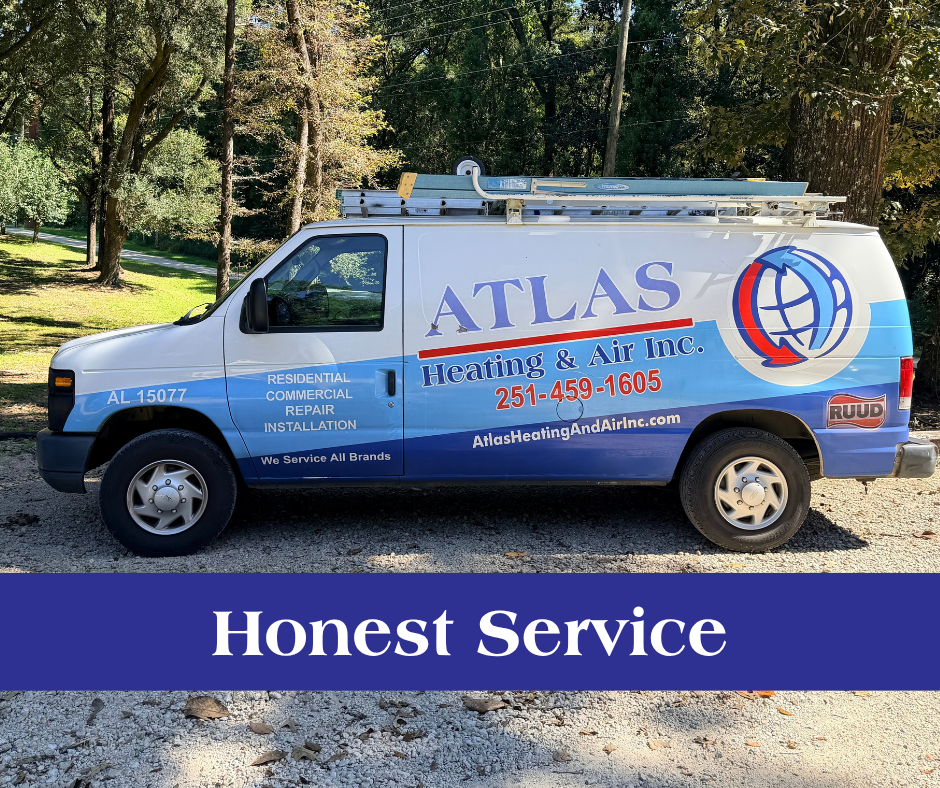 An Atlas HVAC van with a banner in front of it that says "Honest Service"